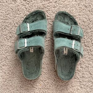 Turquoise Fuzzy Suede Birkenstock Sandals